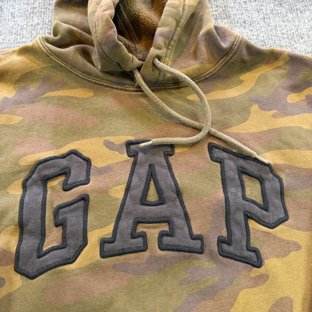 Gap Mens Camouflage Arch Logo Fleece Pullover Hoodie Camo Brown Green M